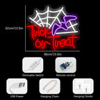 Trick or Treat – Teia de aranha e chapéu de bruxa – letreiro de néon LED (5 V USB)