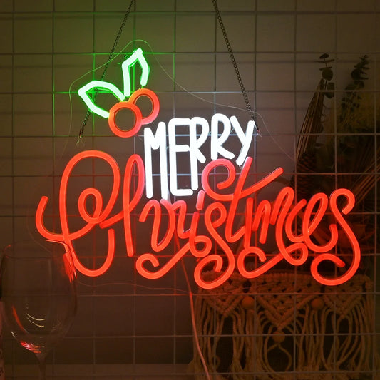 The image features a vibrant and festive "Merry Christmas" LED neon sign.