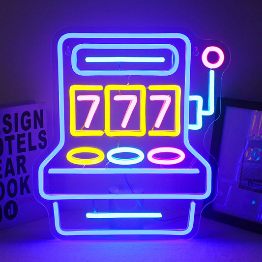 The image displays a vibrant, handmade LED neon sign featuring the text "777 Game Room" in bold, eye-catching letters.