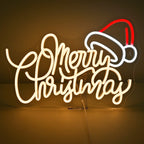 Uma vibrante placa de LED neon exibindo as palavras "Feliz Natal" em um tom quente e brilhante.