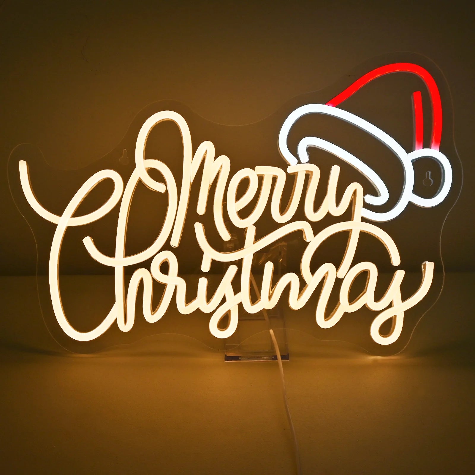 Uma vibrante placa de LED neon exibindo as palavras "Feliz Natal" em um tom quente e brilhante.