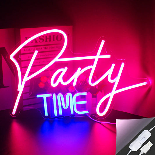 The image features a vibrant LED neon sign spelling "Party Time" in a playful, cursive font.