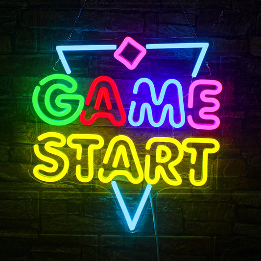 The image features a vibrant "Game Start" LED neon sign, radiating a bright, electric blue light.