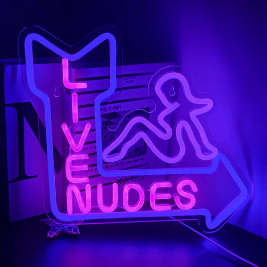 The image features a vibrant LED neon sign displaying the words "Live Nudes Girl" in playful cursive script.