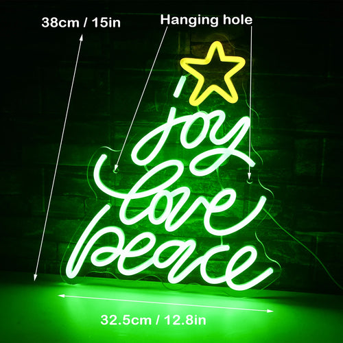 joy love peace – Árvore de Natal formada por palavras com estrela – letreiro de néon LED (5 V USB)