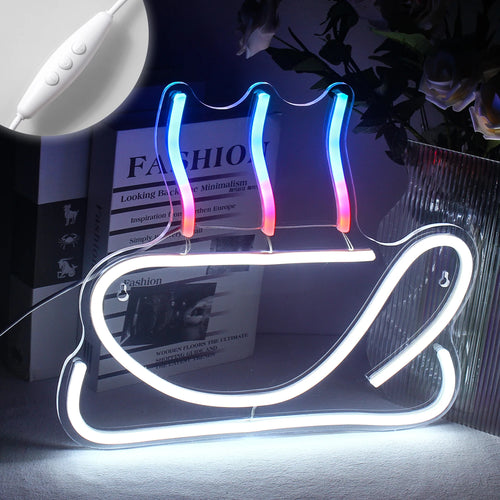 Um letreiro de LED neon vibrante em formato de uma xícara de café fumegante.