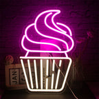 Um letreiro de LED neon vibrante no formato de um cupcake, com uma cobertura rosa espiralada coberta com uma pequena cereja vermelha.