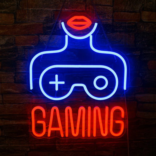 The image depicts a vibrant LED neon sign designed for female gamers.