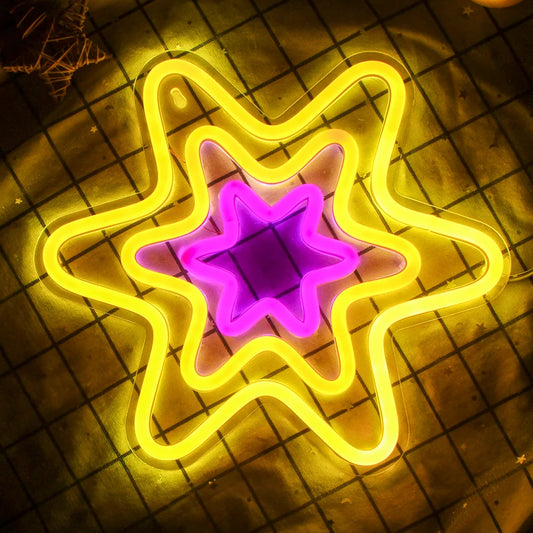 The image features a handmade LED Neon Sign in the shape of a hexagonal star.