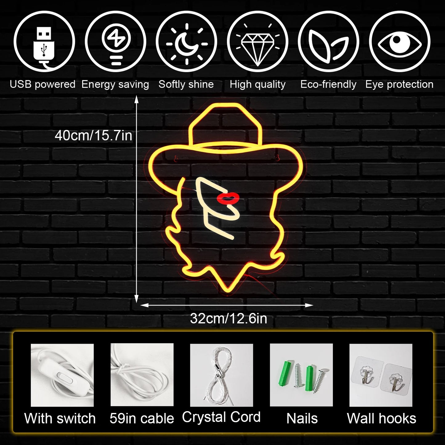 Chapéus de Cowboy Femininos Letreiro de LED USB 5V - Econômico