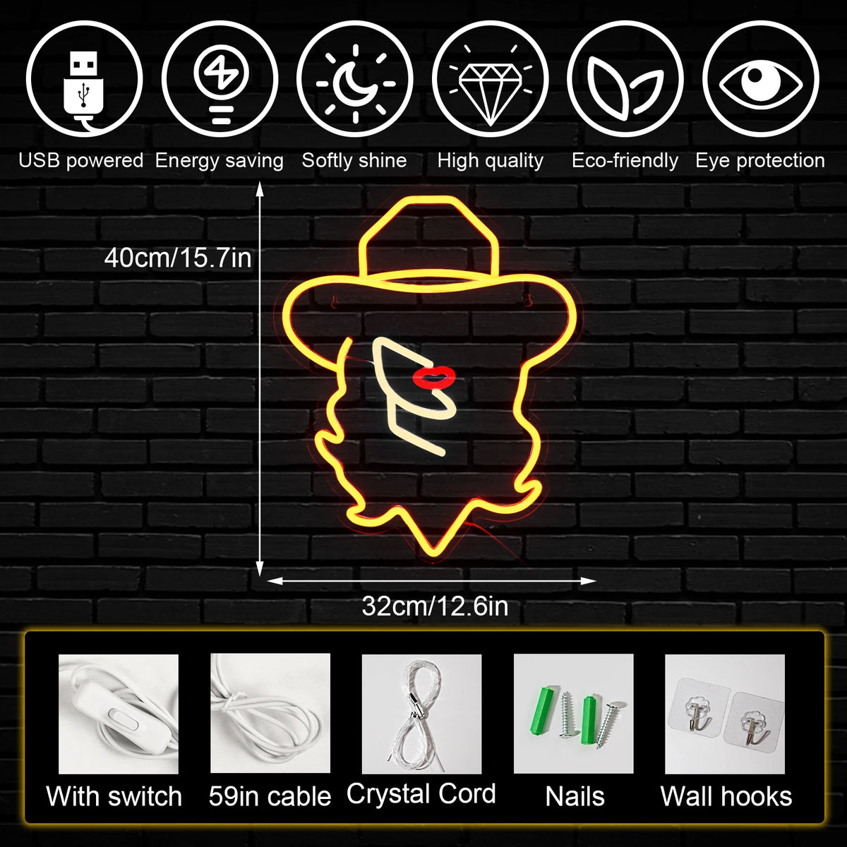 Chapéus de cowgirl – letreiro de néon LED (5 V USB)