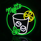 A imagem mostra uma placa de LED neon feita à mão, no formato de um copo de coquetel clássico.