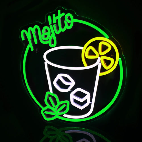 The image features a handmade LED neon sign shaped like a classic cocktail glass.