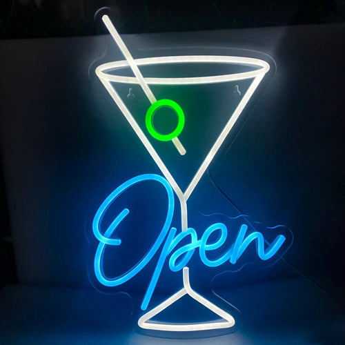A imagem apresenta um letreiro de LED neon vibrante projetado no formato de uma taça de vinho aberta.