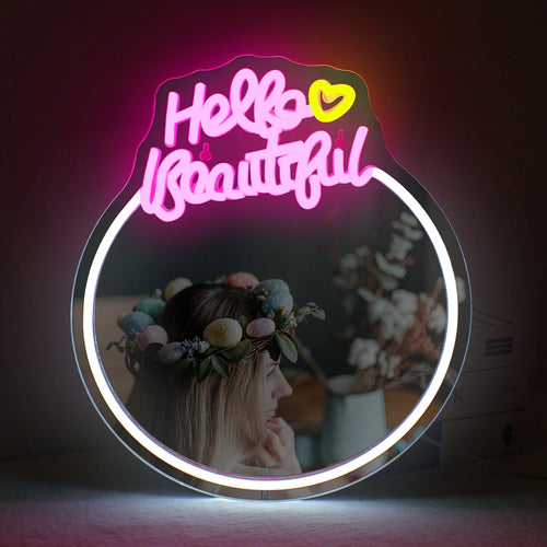 A imagem apresenta uma elegante placa de LED neon feita à mão exibindo as palavras "Hello Beautiful" em uma escrita cursiva vibrante.