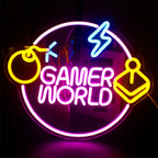 Um letreiro de LED neon vibrante é exibido, com o texto em negrito "Game World".
