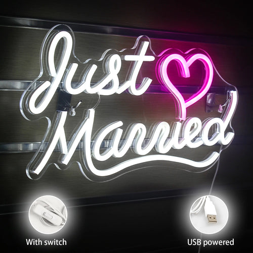 Just Married – Coração – letreiro de néon LED (5 V USB)
