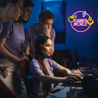 GAMER WORLD – Bomba, joystick e círculo com raios – letreiro de néon LED (5 V USB)