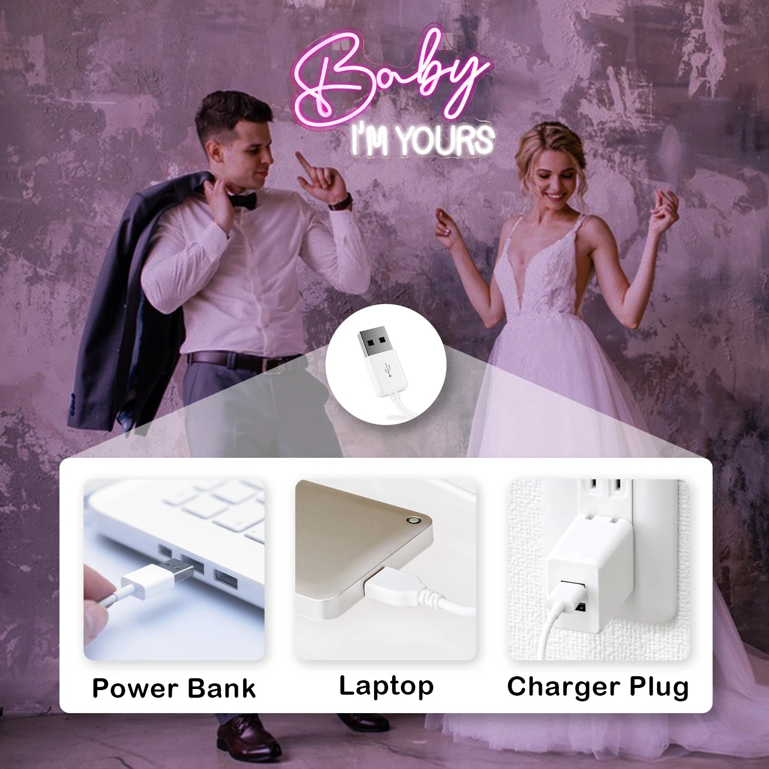 Letreiro de LED "Baby I'm Yours" 5V USB - Econômico