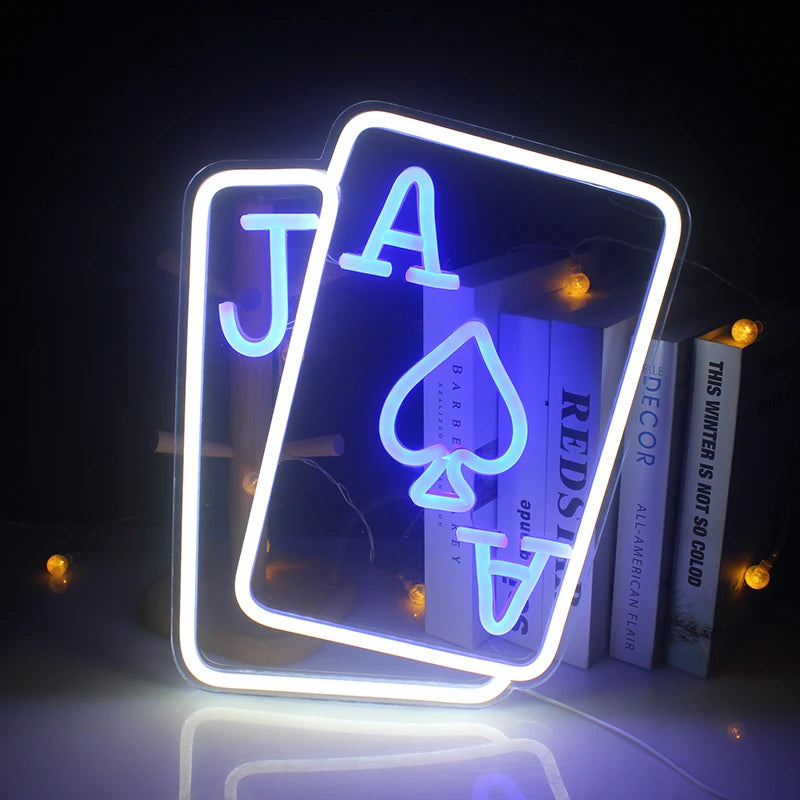 A imagem mostra uma vibrante placa de LED neon de pôquer, feita à mão com precisão.