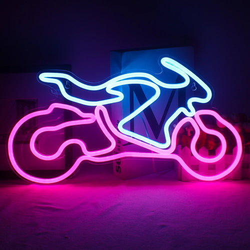 A imagem mostra um vibrante letreiro de LED neon para motocicleta, exibindo o contorno de uma motocicleta clássica.