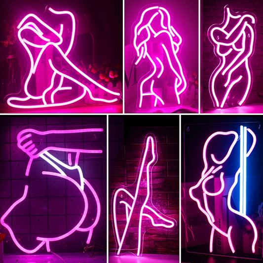 In the image, a vibrant LED neon sign depicts the silhouette of a sexy lady.