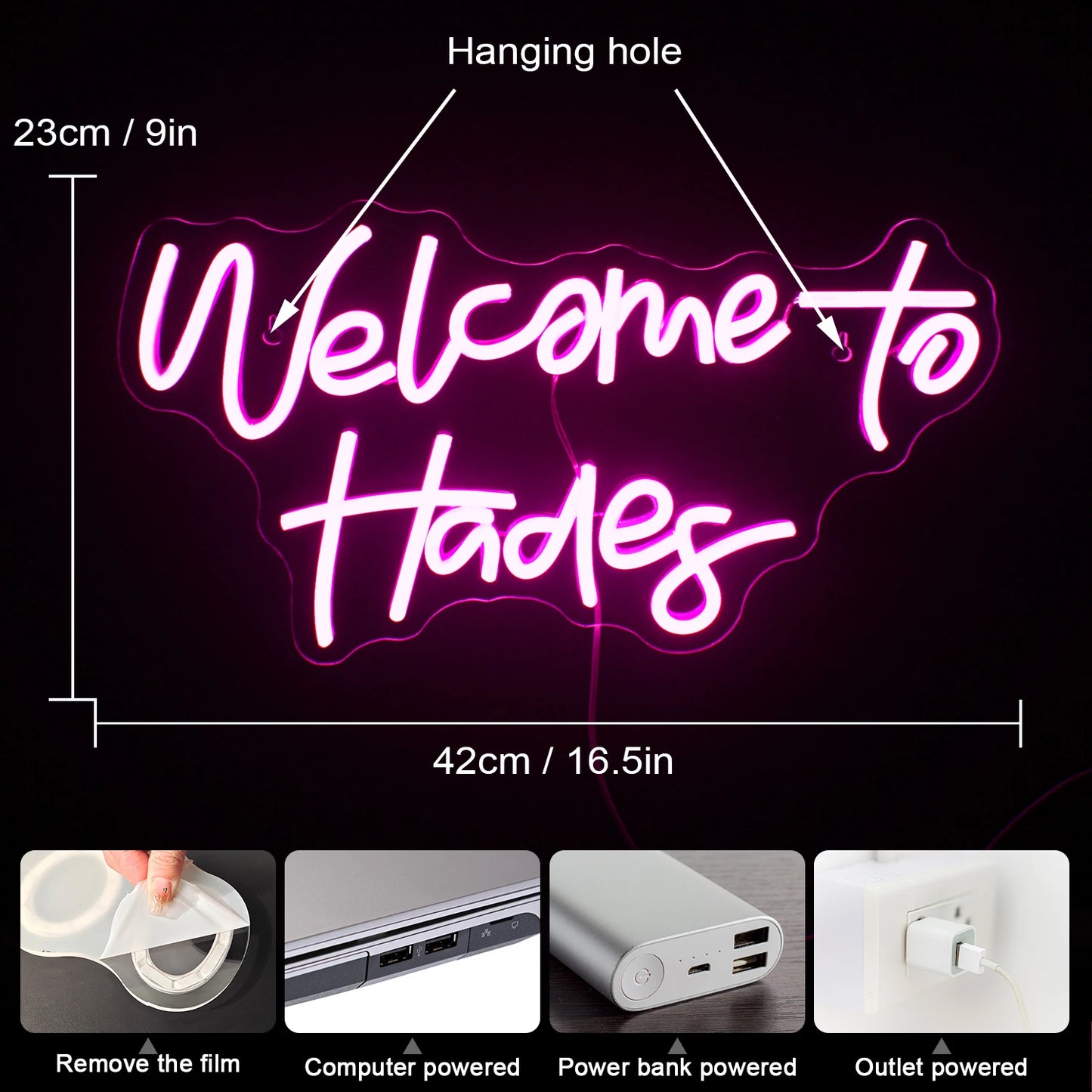 Letreiro de LED "Bem-vindo ao Hades" 5V USB - Econômico