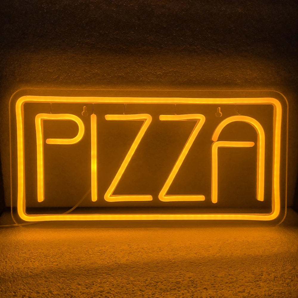 A vibrant LED neon sign displaying the word "PIZZA" in bold, bright red letters.