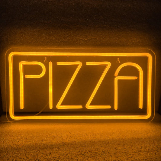 A vibrant LED neon sign displaying the word "PIZZA" in bold, bright red letters.