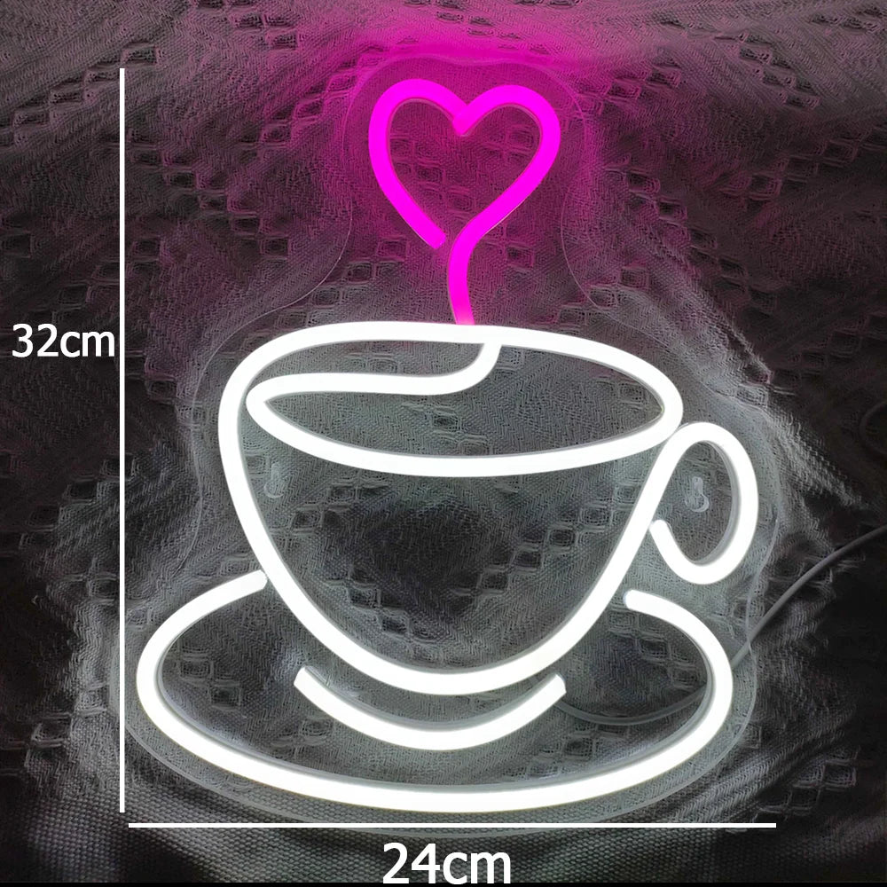 Chávena de café com coração – reclame luminoso em néon LED (5 V USB)