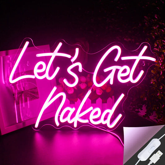 The image features a vibrant LED neon sign displaying the phrase "Let's Get Naked" in a stylish script font.