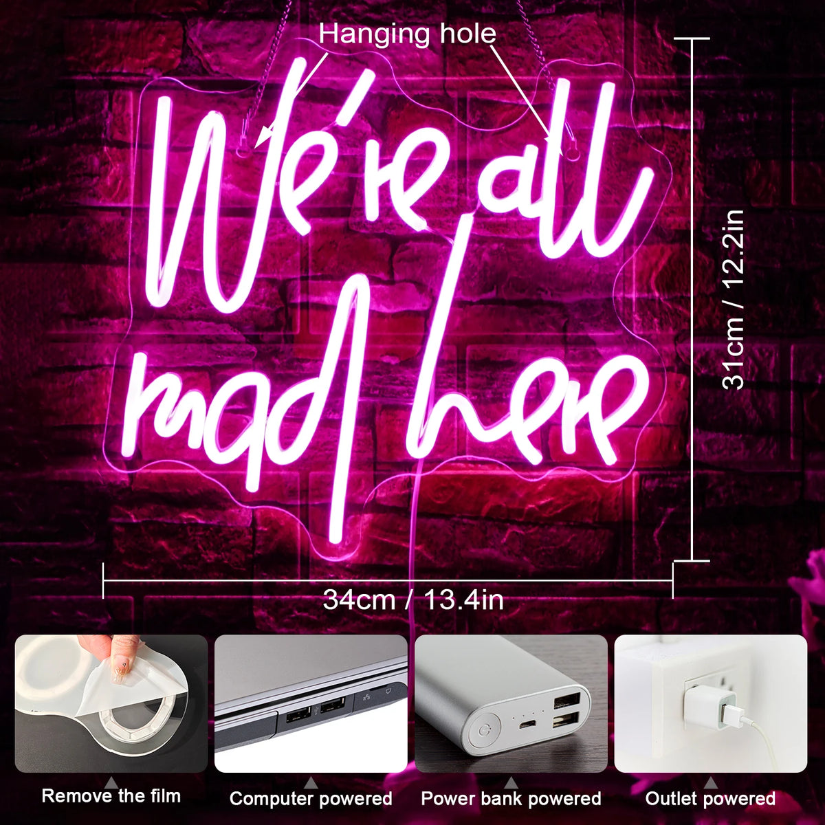 We're All Mad Here – letreiro de néon LED (5 V USB)