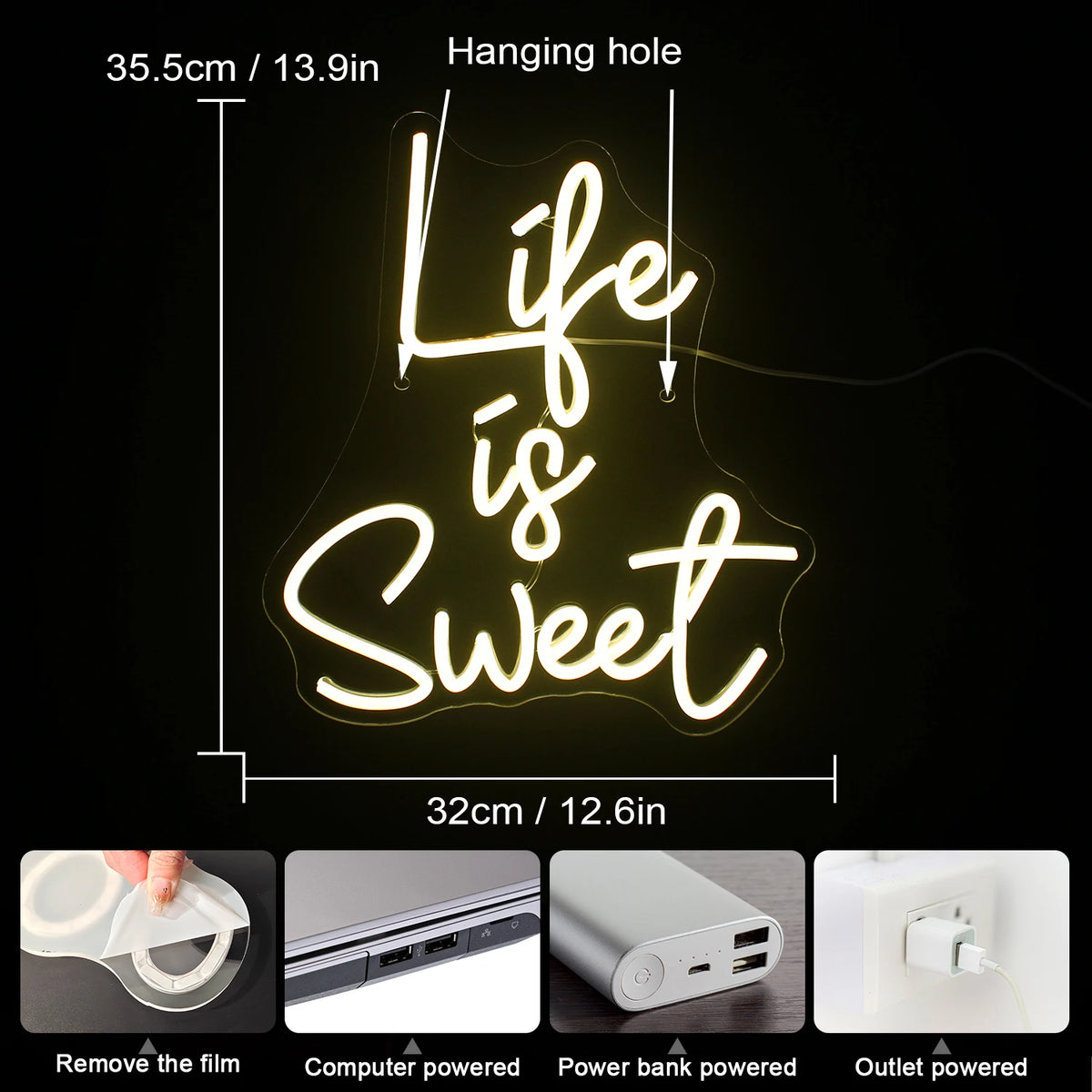 Life is Sweet – reclame luminoso em néon LED (5 V USB)
