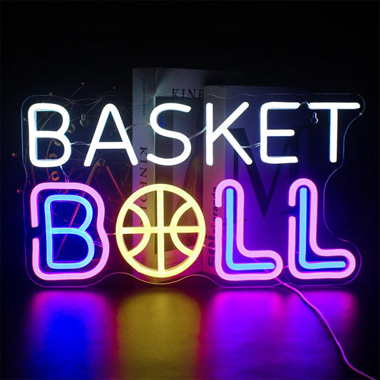 A vibrant and striking LED neon sign shaped like a basketball.