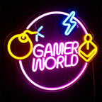 GAMER WORLD – Bomba, joystick e círculo com raios – letreiro de néon LED (5 V USB)