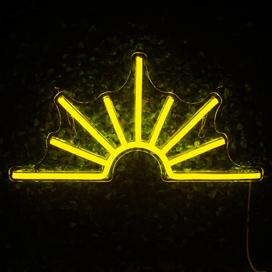 A vibrant Sun LED neon sign featuring a bright yellow sun with radiating beams surrounded by a warm glow.
