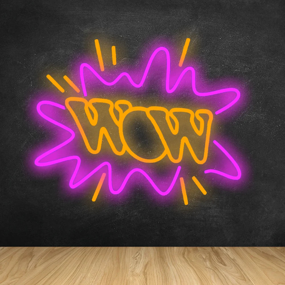 Uma vibrante placa de LED neon com a palavra "WOW" iluminada em letras rosa brilhantes sobre um fundo escuro.