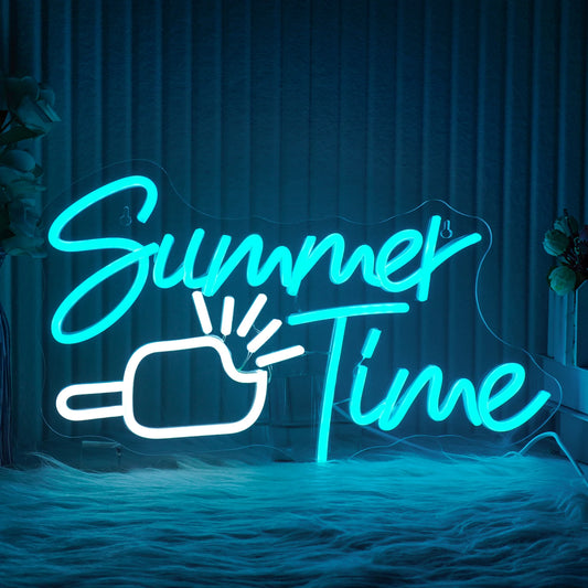A brightly glowing LED neon sign shaped like an ice cream cone, featuring vibrant colors.