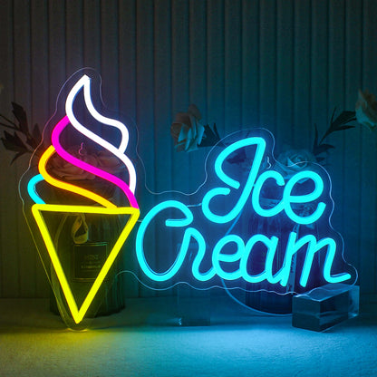 The image features a vibrant LED neon sign shaped like an ice cream cone.