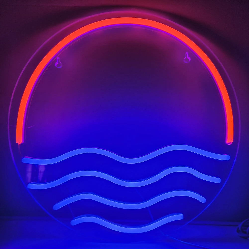 A imagem apresenta um letreiro de LED neon vibrante e chamativo retratando um pôr do sol deslumbrante sobre o mar.