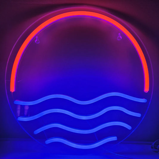 The image features a vibrant and eye-catching LED neon sign depicting a stunning sunset over the sea.