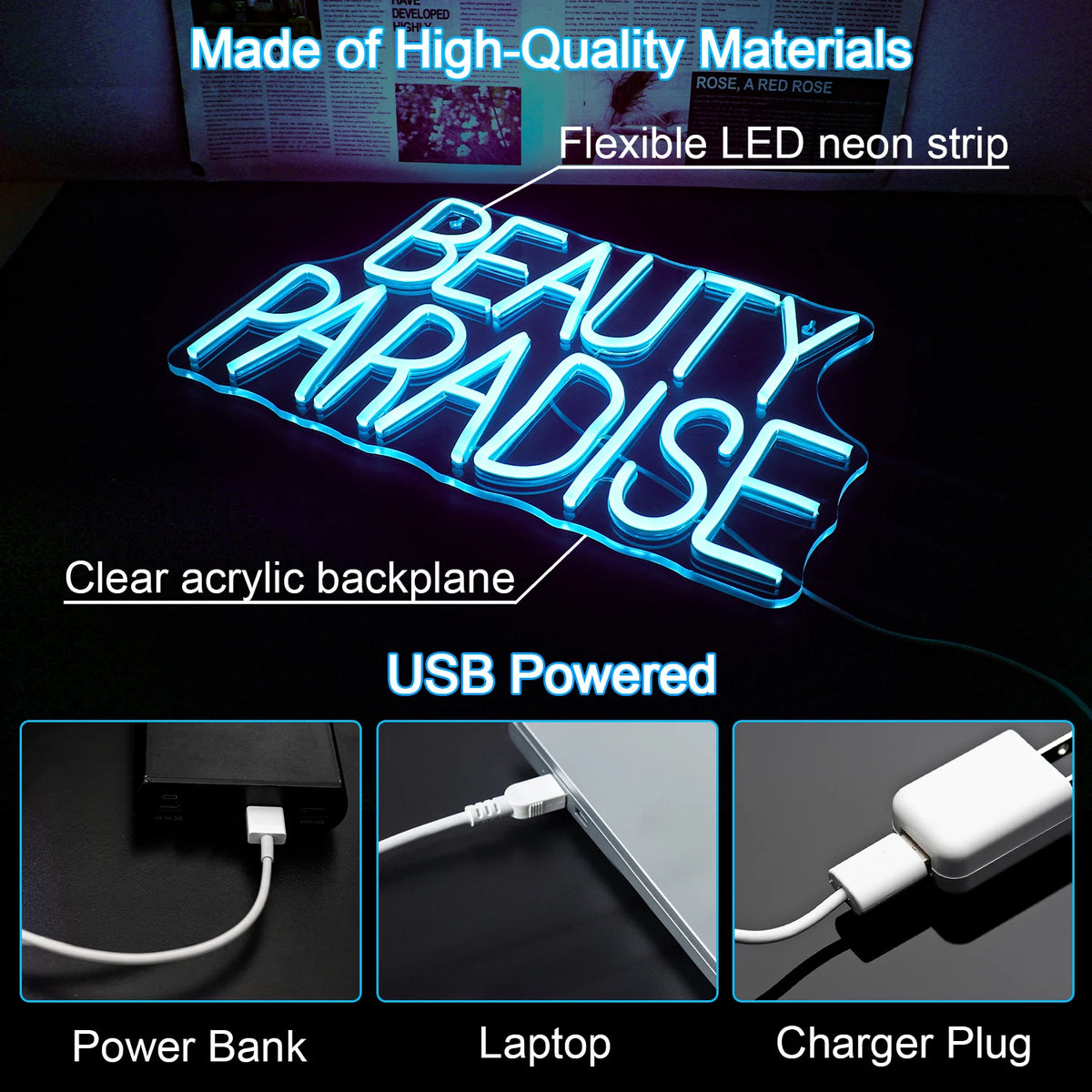 Beauty Paradise – reclame luminoso em néon LED (5 V USB)