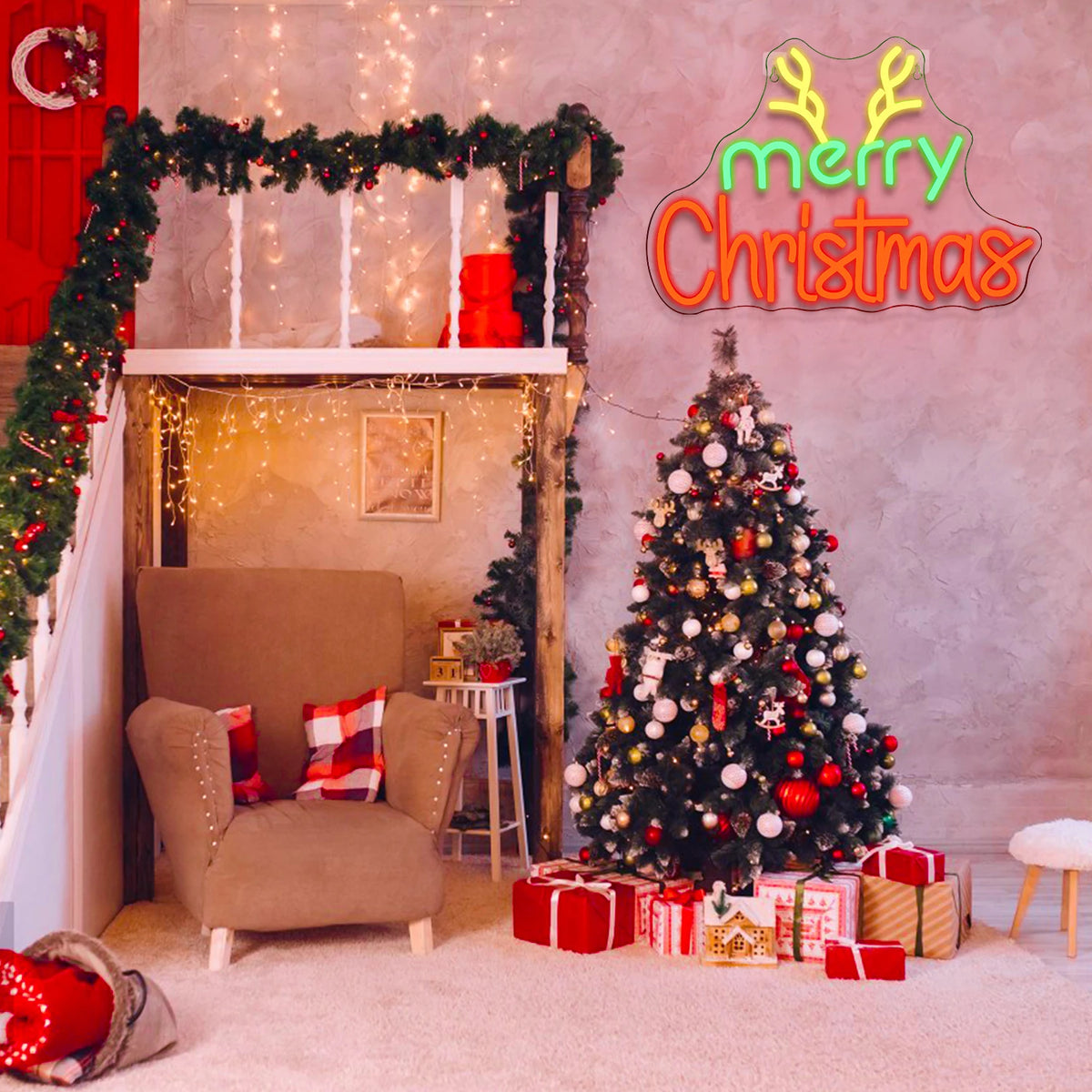 merry Christmas – Hastes de rena – letreiro de néon LED (5 V USB)