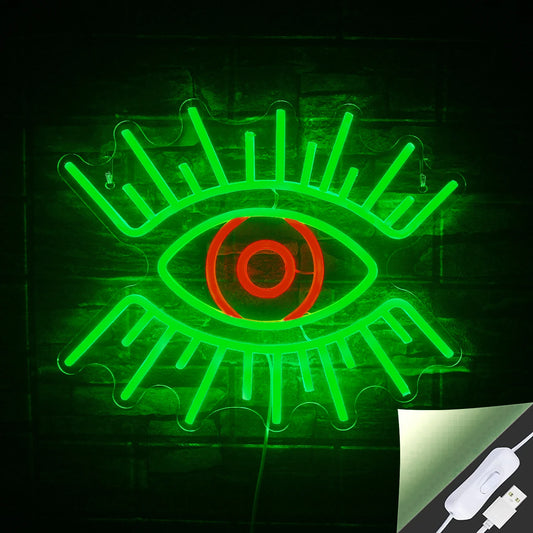 The image displays a vibrant LED neon sign in the shape of a pair of eyes.