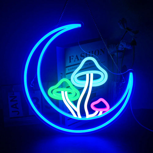 A imagem mostra uma placa de LED neon vibrante e convidativa em formato de uma lua excêntrica com um design de cogumelo.