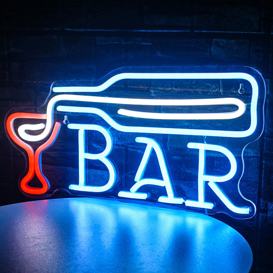 The image features a stylish LED neon sign displaying the word "Bar" in vibrant, glowing colors.