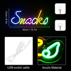 Snacks – Letras coloridas – reclame luminoso em néon LED (5 V USB)