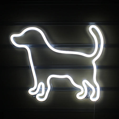 Um letreiro de LED neon vibrante em formato de um cachorrinho brincalhão.