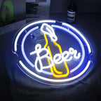 Beer – Garrafa de cerveja numa moldura circular – reclame luminoso em néon LED (5 V USB)