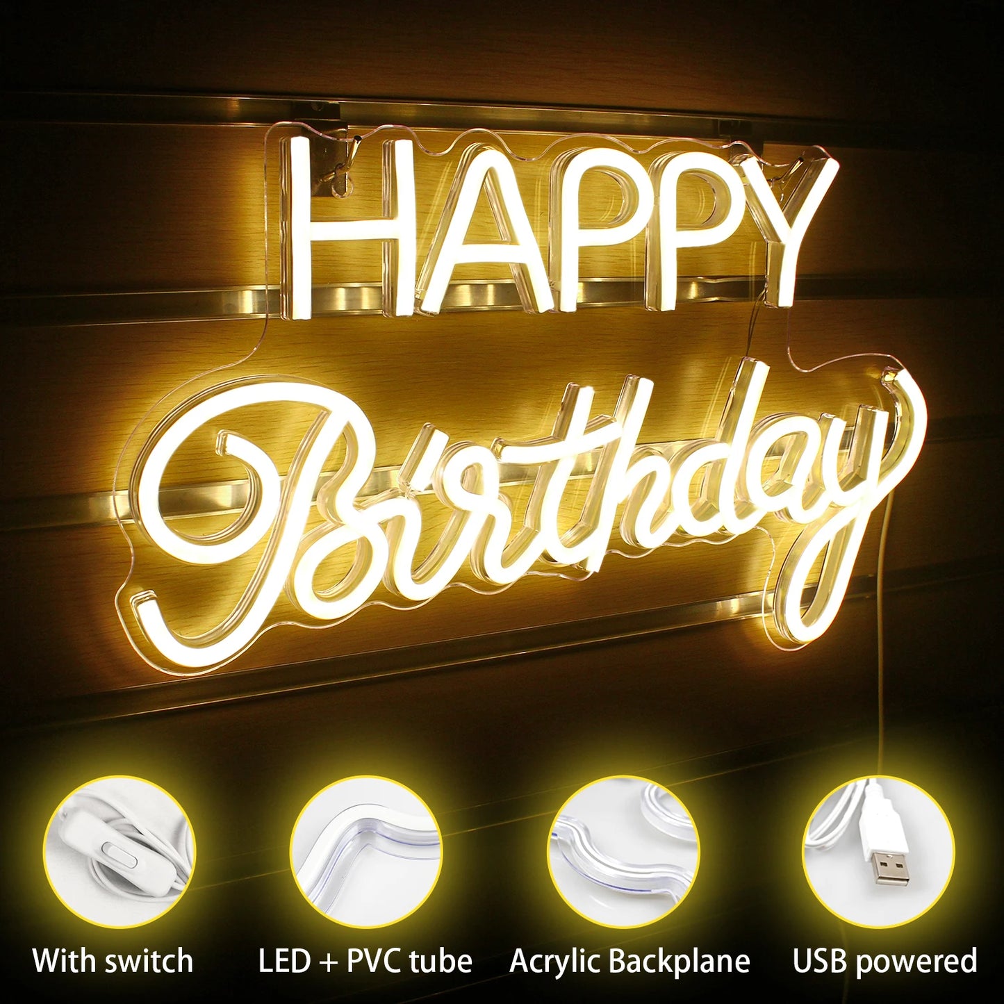 Letreiro de LED "Feliz Aniversário" USB 5V - Econômico